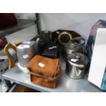 QUANTITY OF ITEMS VARIOUS TO INCLUDE; MIXED LOT OF PEWTER, TWO BOX CAMERAS, FLAT IRON, STAINLESS