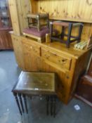 NEST OF 3 TIER TABLES, TWO OAK STRINGWORK STOOLS AND AN ADJUSTABLE GOUT STOOL