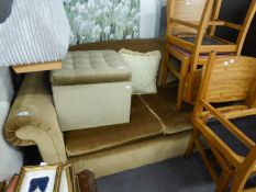 1992 BED SETTEE COVERED IN MUSHROOM COLOURED DRAYLON AND A BUTTON UPHOLSTERED SQUARE BOX STOOL