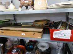 A TABLE TENNIS SET IN WOODEN BOX, TWO TENNIS RACKETS AND A SMALL BOX OF TOYS