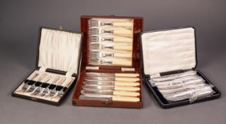 CASED SET OF SIX AFTERNOON TEA KNIVES WITH FILLED SILVER HANDLES, together with TWO CASED SETS OF