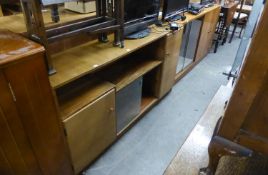 TEAK LONG LOW BOOKCASE, HAVING GLASS SLIDING DOORS AND CUPBOARDS, ANOTHER BOOKCASE IN SIMILAR