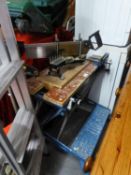 BLACK & DECKER WORKMATE FOLDING BENCH WITH IRON VICE ATTACHED AND A MANUAL SAW WITH JIG