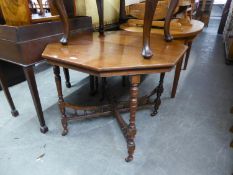 VICTORIAN WALNUT OCTAGONAL CENTRE TABLE, ON FOUR TURNED LEGS JOINED BY GALLERIED SALTIRE