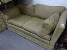 TWO SQUARE BACKED SETTEES, ONE THREE SEATER AND ONE TWO SEATER, COVERED IN FAWN PLUSH FABRIC  (2)