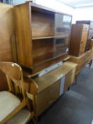 TEAK FOUR DRAWER DRESSING TABLE, WITH METAL HANDLES AND A OPEN BOOKCASE WITH GLASS DOORS  (2)