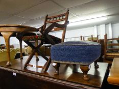 MAHOGANY CHILD'S FOLDING SINGLE CHAIR, UPHOLSTERED FOOTSTOOL AND A COFFEE TABLE (3)