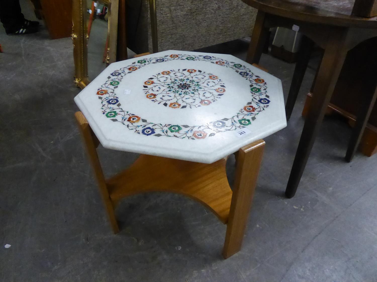 A LIGHT OAK OCCASIONAL TABLE SUPPORTING A WHITE MARBLE OCTAGONAL TOP WITH HARDSTONE AND MOTHER OF