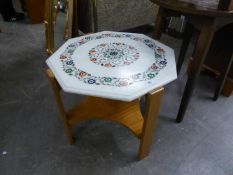 A LIGHT OAK OCCASIONAL TABLE SUPPORTING A WHITE MARBLE OCTAGONAL TOP WITH HARDSTONE AND MOTHER OF