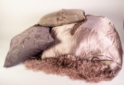 MODERN CHINESE METALLIC DUSKY PINK SILK FABRIC PADDED DOUBLE BEDSPREAD, with decoration of opaline