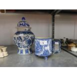 A KENT LTD. OLD FOLEY WARE TRANSFER PRINTED BLUE AND WHITE POTTERY PLANT HOLDERS, A JAPANESE