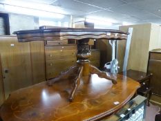 A QUARTERED WALNUT AND MARQUETRY OVAL COFFEE TABLE, ON CENTRE COLUMN AND QUARTETTE SUPPORTS AND A