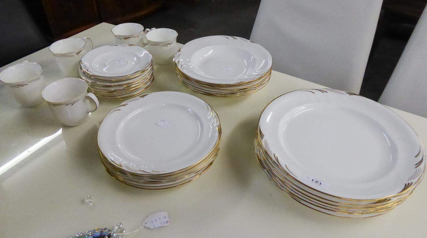 A PART ROYAL ALBERT 'DORIAN' DINNER AND TEA SERVICE OF 32 PIECES, WHITE WITH GILT DECORATION