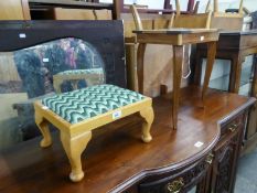 A BEECH WOOD OBLONG FOOTSTOOL WITH UPHOLSTERED DROP-IN SEAT AND AN ITALIAN MARQUETRY INLAID SMALL