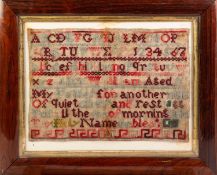 LATE VICTORIAN WOOLWORKED ALPHABET AND RELIGIOUS TEXT SAMPLER, Alice Woodham aged 11 (circa 1890) 9"