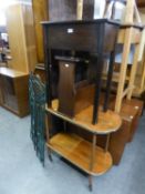 TWO TIER TROLLEY, SMALL OAK SEWING TABLE, MAGAZINE RACK, FOLDAWAY METAL BOOKSHELF AND A POUFFE (5)