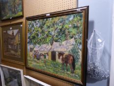 J. BRINDLE (TWENTIETH CENTURY) OIL PAINTING ON CANVAS FIGURES AND HORSES BEFORE FARM BUILDINGS