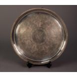 VICTORIAN ELECTROPLATED SALVER, of circular form with engraved centre and claw and ball feet,