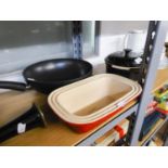 BERNDES ?11? ALLROUNDER? NON STICK ALUMINIUM WOK, together with TWO LE CREUSET POTTERY OVEN PROOF