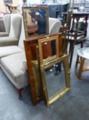 AN OBLONG BEVELLED EDGE WALL MIRROR, IN SWEPT GILT FRAME, 25? WIDE OVERALL AND THREE  OTHER OBLONG