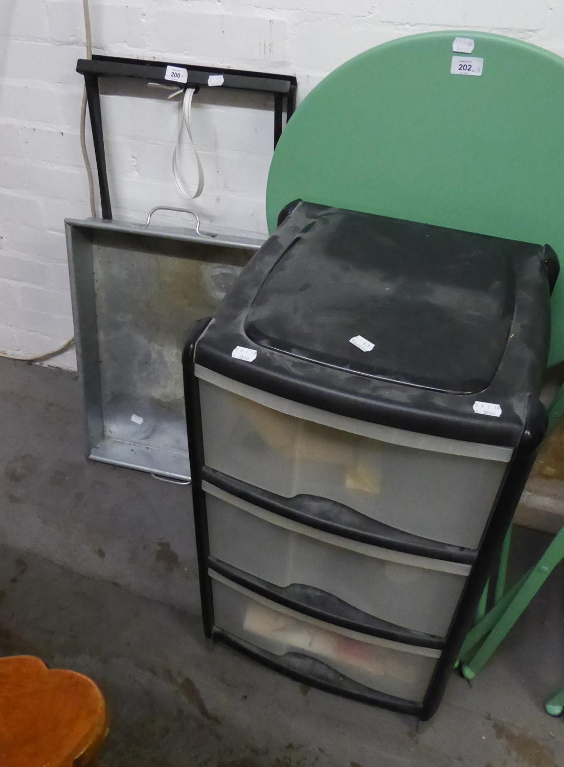 A BLACK METAL ?X? FRAMED JARDINIÈRE STAND WITH OBLONG METAL TRAY TOP and A 3 DRAWER PLASTIC CHEST