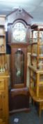 A MODERN MAHOGANY LONGCASE CLOCK WITH WEIGHT DRIVEN MOVEMENT, ARCH BRASS AND SILVERED DIAL, THE HOOD