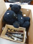 REAL SOFT TOYS, MODERN BLACK TEDDY BEAR, PAIR OF CARVED BONE ORNAMENTS IN THE FORM OF PROWLING