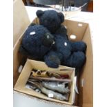 REAL SOFT TOYS, MODERN BLACK TEDDY BEAR, PAIR OF CARVED BONE ORNAMENTS IN THE FORM OF PROWLING