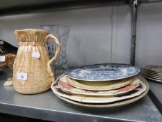 NINETEENTH CENTURY 'DANISH FERN' OVAL POTTERY MEAT PLATE, THREE OTHERS, FALCONWARE BAG PATTERN VASE,