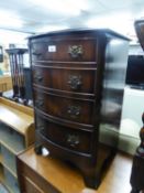 GEORGIAN STYLE MAHOGANY SMALL BOW FRONTED CHEST OF FOUR LONG DRAWERS, ON SPLAY BRACKET FEET, 1' 5