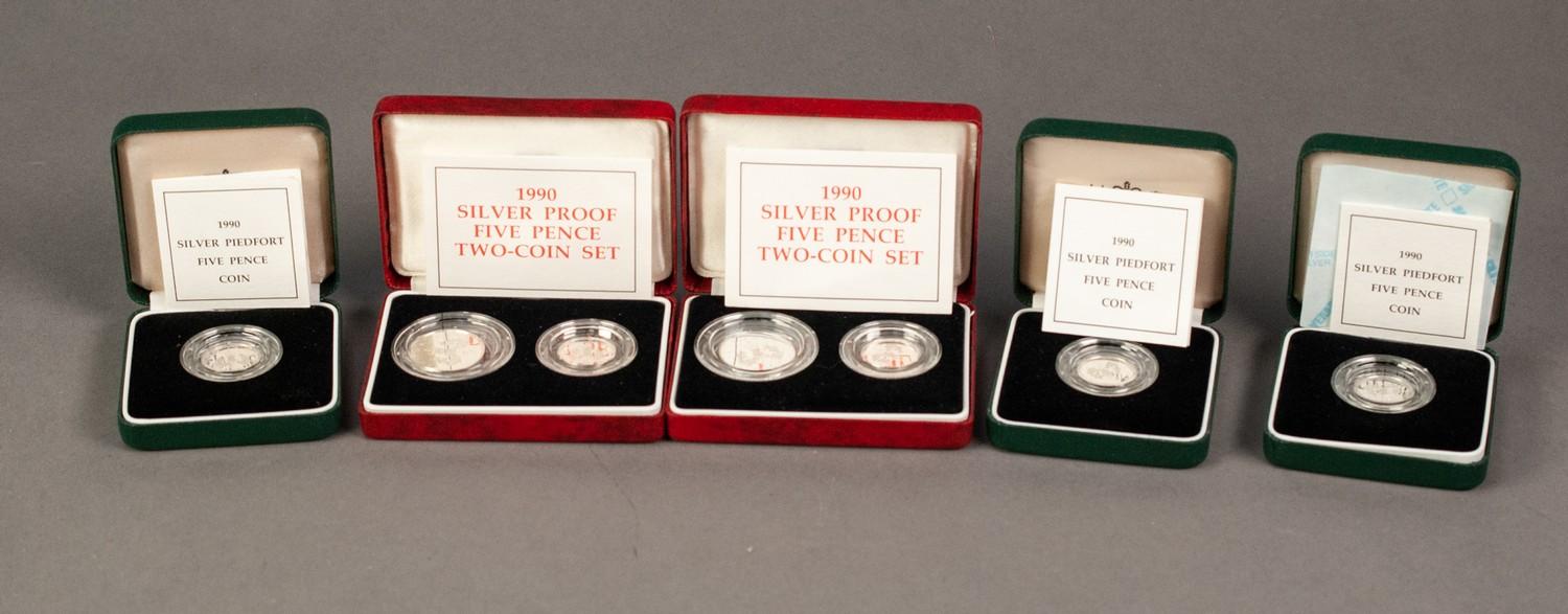TWO 1990 5p TWO COIN SILVER PROOF SETS, together with THREE 1990 PIEDFORT 5p SILVER PROOF COINS, all