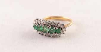 18ct GOLD, EMERALD AND DIAMOND RING set with a row of five round emeralds graduating from the centre