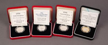 FOUR PIEDFORT £2 SILVER PROOF COINS, comprising: 1994, 1996 (x2), (Celebration of Football) and