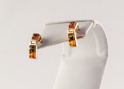 PAIR OF PROBABLY 9ct GOLD RECTANGULAR DROP EARRINGS, set with golden amber