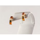 PAIR OF PROBABLY 9ct GOLD RECTANGULAR DROP EARRINGS, set with golden amber