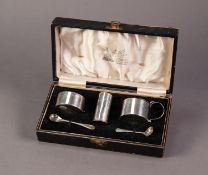 ART DECO CASED IRISH SILVER THREE PIECE CONDIMENT SET BY HOPKINS & HOPKINS, DUBLIN, of plain,