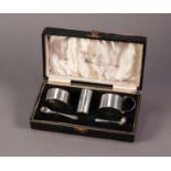 ART DECO CASED IRISH SILVER THREE PIECE CONDIMENT SET BY HOPKINS & HOPKINS, DUBLIN, of plain,