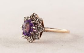 9ct GOLD, AMETHYST AND DIAMOND OVAL FLORAL CLUSTER RING, set with a raised oval amethyst and petal
