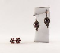 PAIR OF SILVER AND GARNET DAISY CLUSTER EARRINGS and a PAIR OF SILVER DROP EARRINGS, each set with a