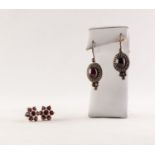 PAIR OF SILVER AND GARNET DAISY CLUSTER EARRINGS and a PAIR OF SILVER DROP EARRINGS, each set with a