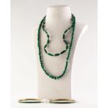 PAIR OF METAL BANGLES, set with malachite and TWO MALACHITE BEAD NECKLACES (4)