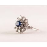 WHITE METAL (unmarked) SAPPHIRE AND DIAMOND COCKTAIL RING set with a circular centre sapphire with