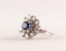 WHITE METAL (unmarked) SAPPHIRE AND DIAMOND COCKTAIL RING set with a circular centre sapphire with