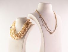 LONG, SINGLE STRAND NECKLACE OF UNIFORM IMITATION PEARLS, 4ft 9in (144.7cm) long; TWO GOLD PLATED