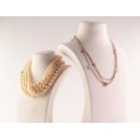 LONG, SINGLE STRAND NECKLACE OF UNIFORM IMITATION PEARLS, 4ft 9in (144.7cm) long; TWO GOLD PLATED