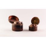 TWO VICTORIAN MOROCCO CLAD GILT METAL TRAVELLING INKWELLS, cylindrical 2in (5cm) and 1 1/2in (3.8cm)