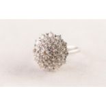 WHITE GOLD COLOURED METAL AND DIAMOND DOMED CIRCULAR CLUSTER RING set with a circular centre diamond