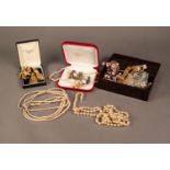 SMALL SELECTION OF COSTUME JEWELLERY, mainly the contents of a small brown bakelite box, also