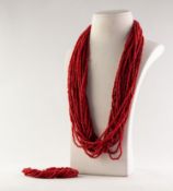 RED CORAL MULTI-STRAND MICRO BEAD NECKLACE AND BRACELET