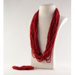 RED CORAL MULTI-STRAND MICRO BEAD NECKLACE AND BRACELET